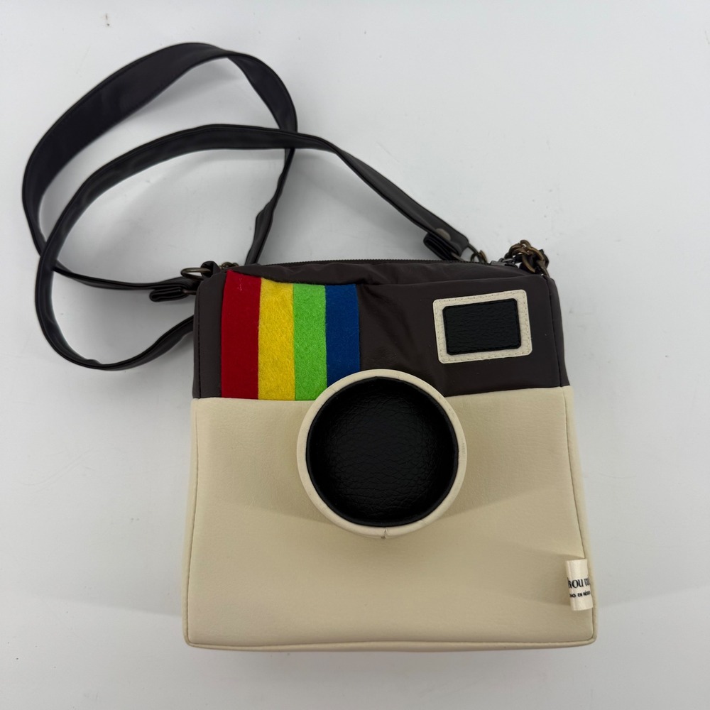 Boutique Retro Camera Logo Crossbody Bag Brown Cream Rainbow Novelty‎ Purse